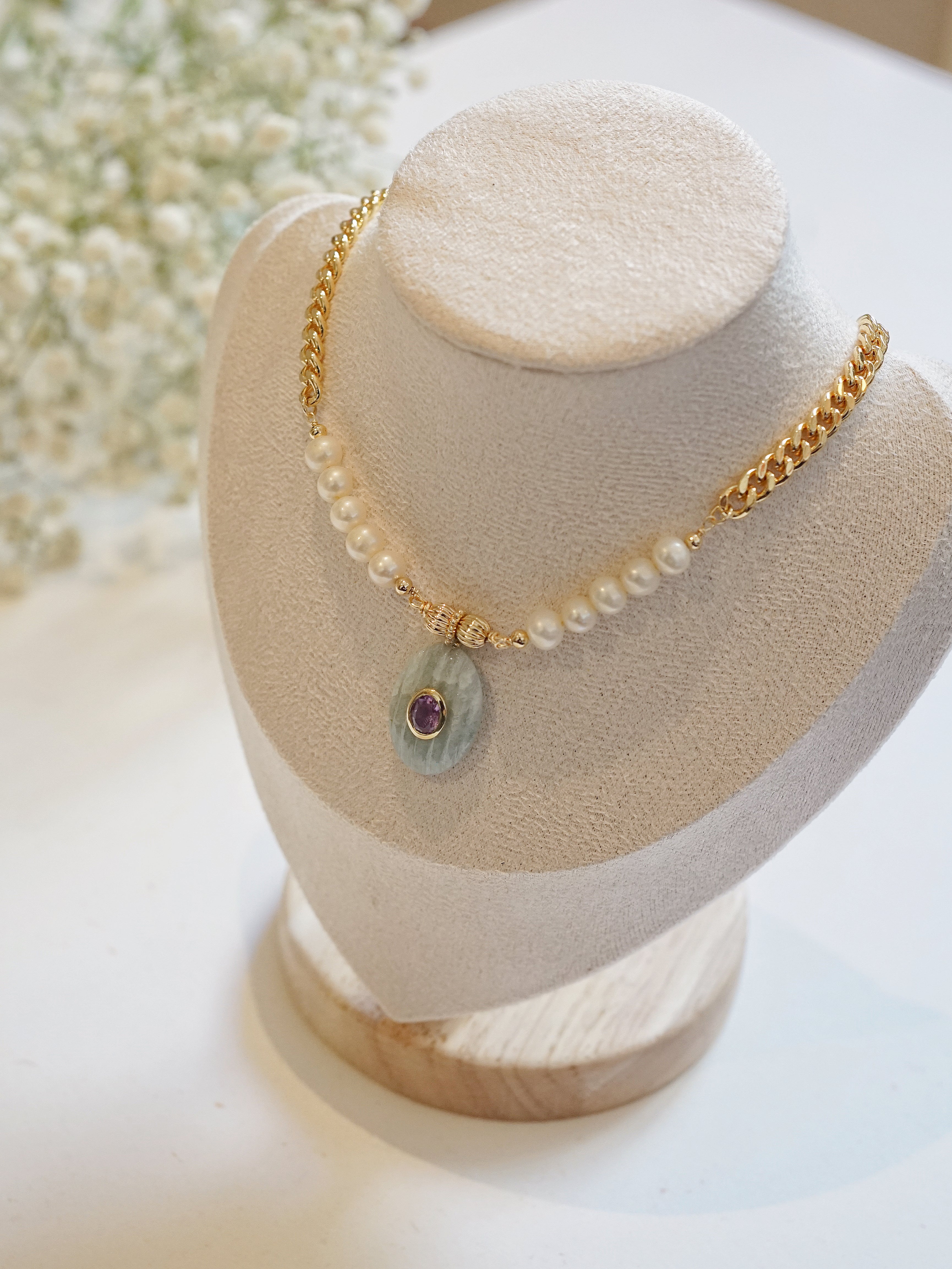 Gold-plated Aquamarine & Shell Pearl Necklace