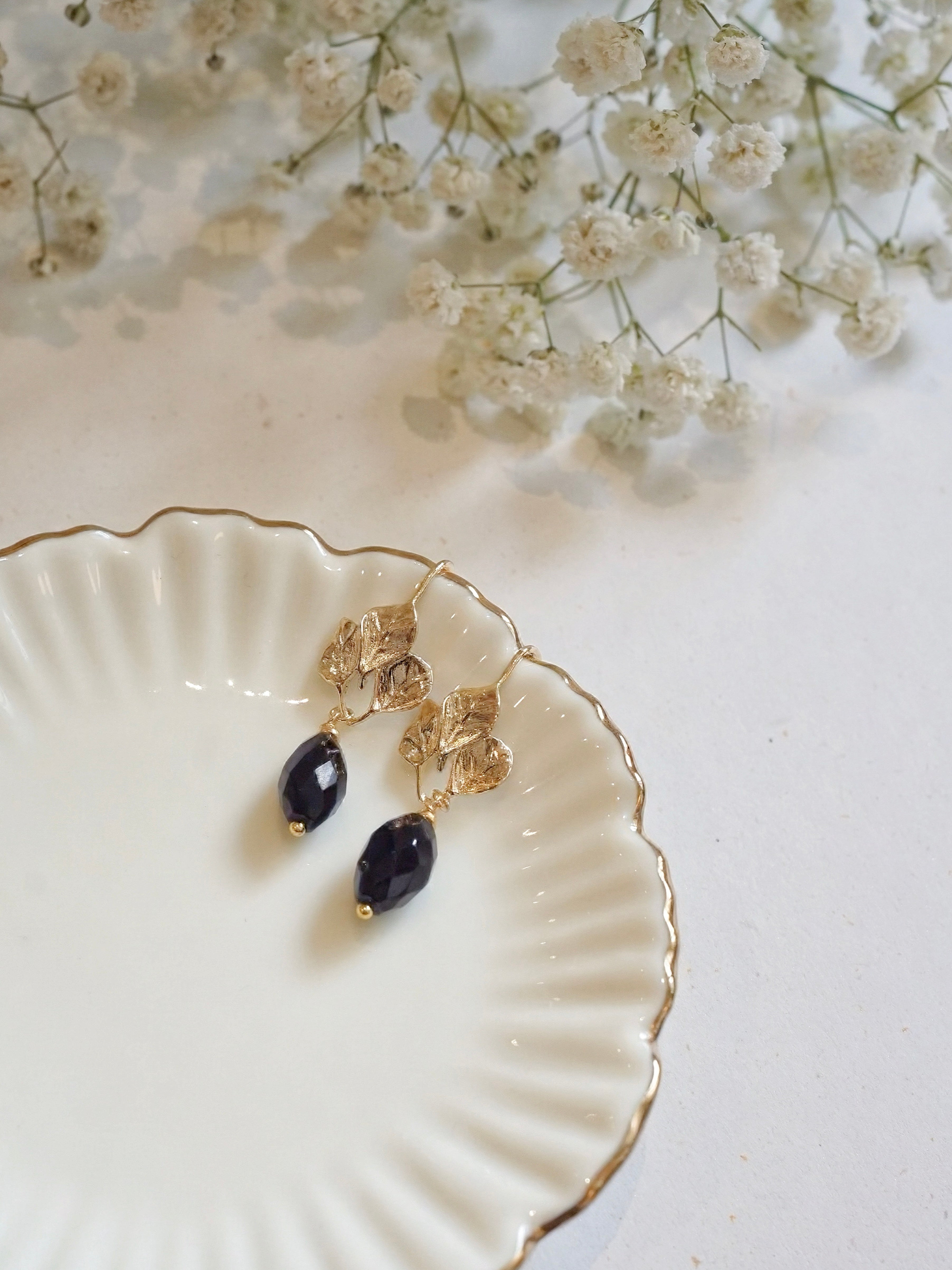 Black Onyx Three Leaves Earrings