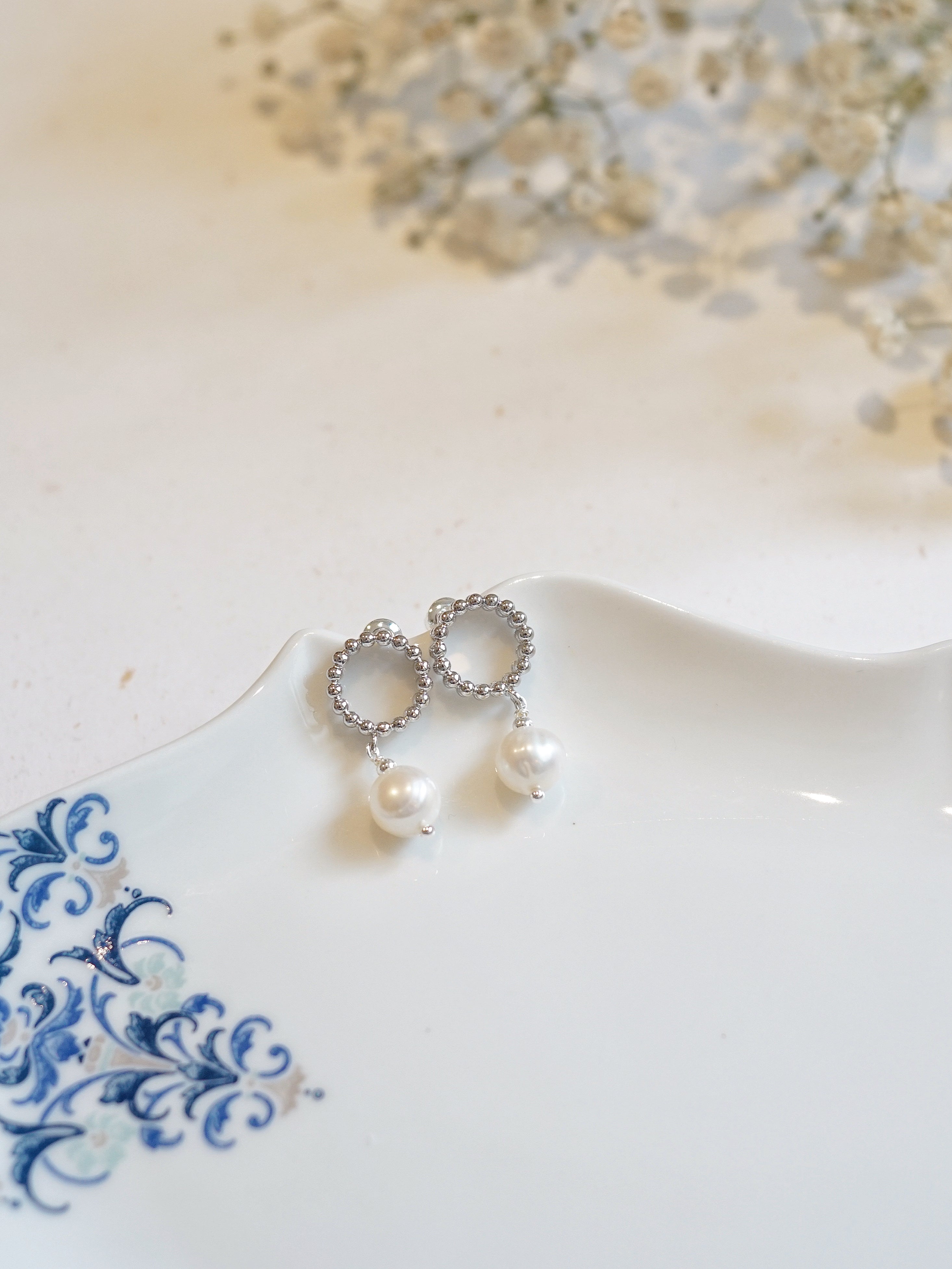 Silver-plated Beaded Hoop Pearl Earrings